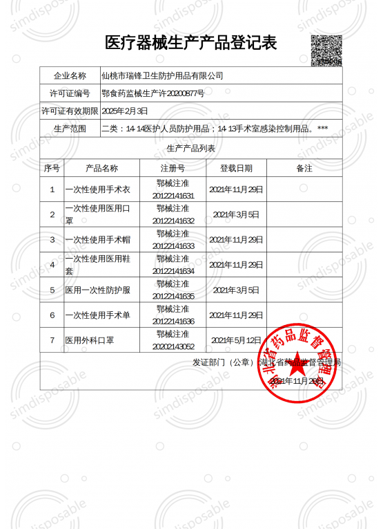医疗器械生产产品登记表